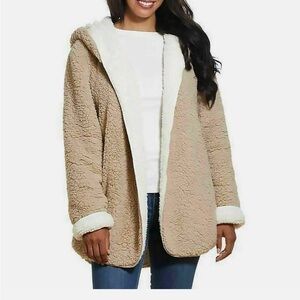 Weatherproof Women’s Reversible Cozy Sherpa Hooded Jacket (light tan/cream)